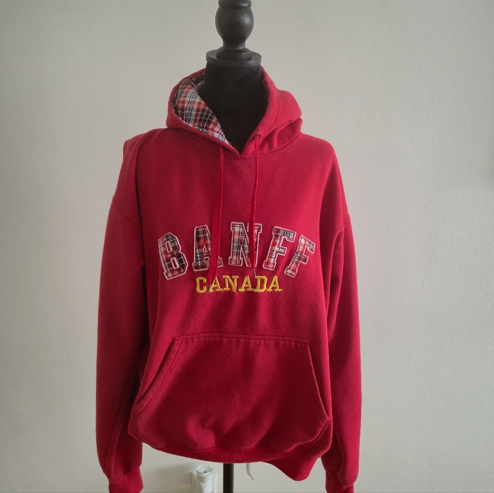 Vintage Banff Canada Red Plaid Applique Hoodie - XL, Retro Y2K